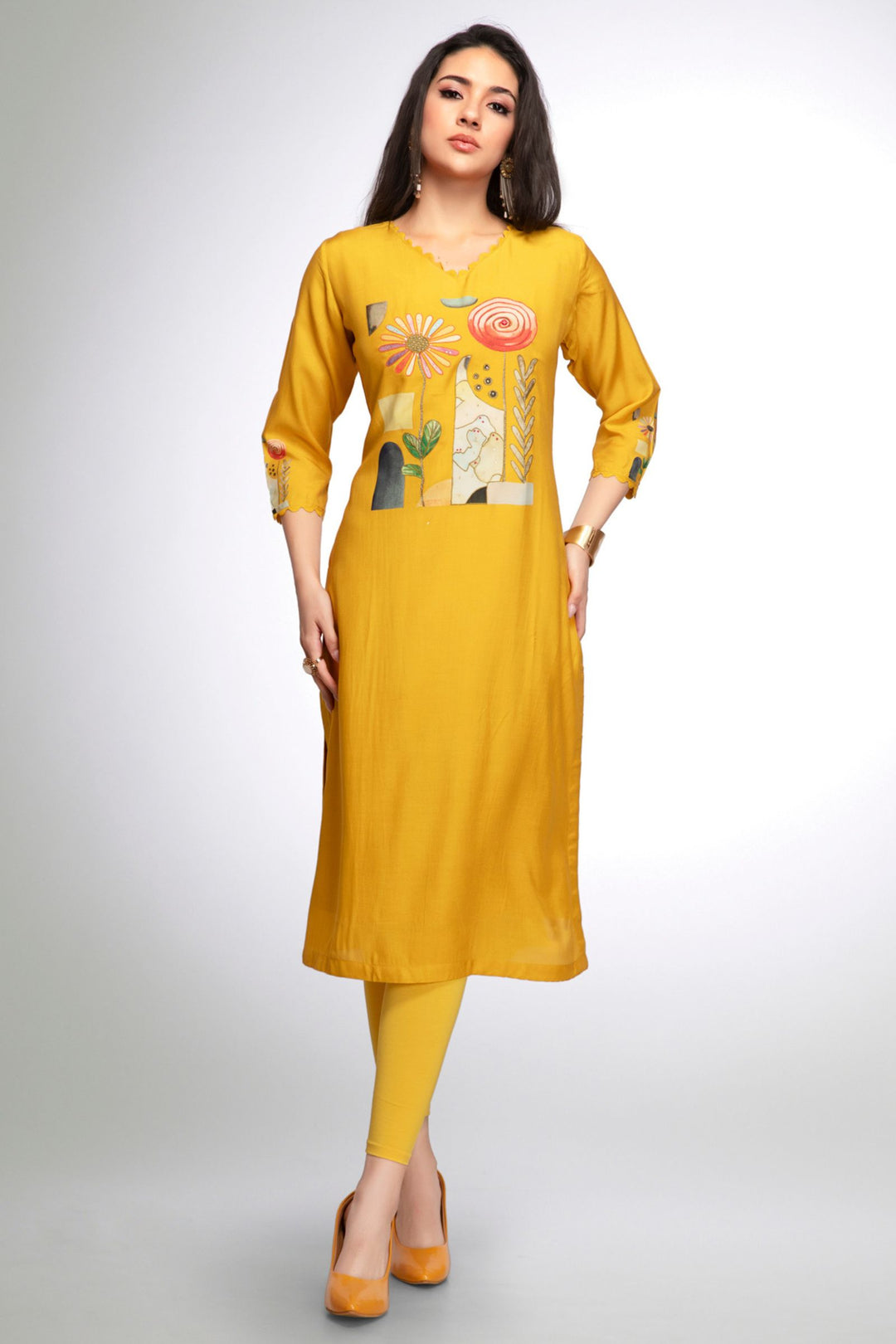 Yellow Stone work with Digital Print Calf Length Kurti