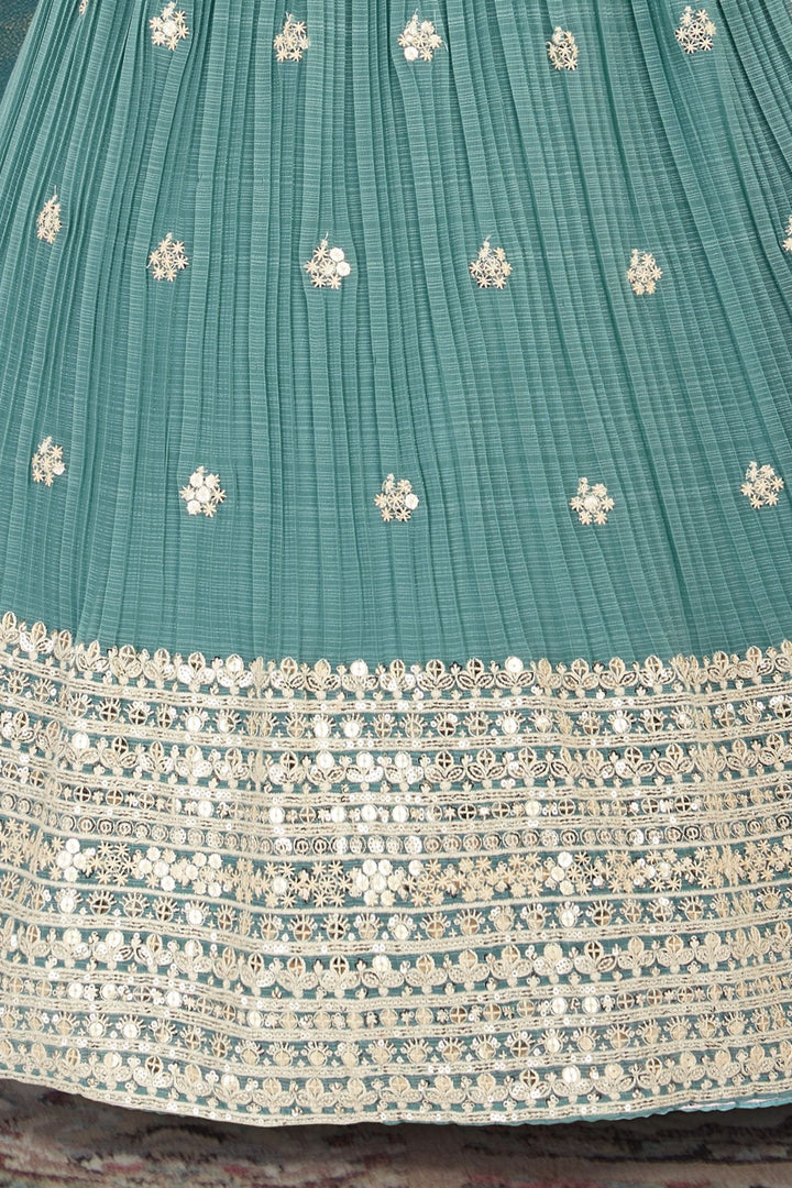 Sea Green Embroidery, Sequins, Mirror and Zari work Jacket Styled Lehenga Choli for Girls