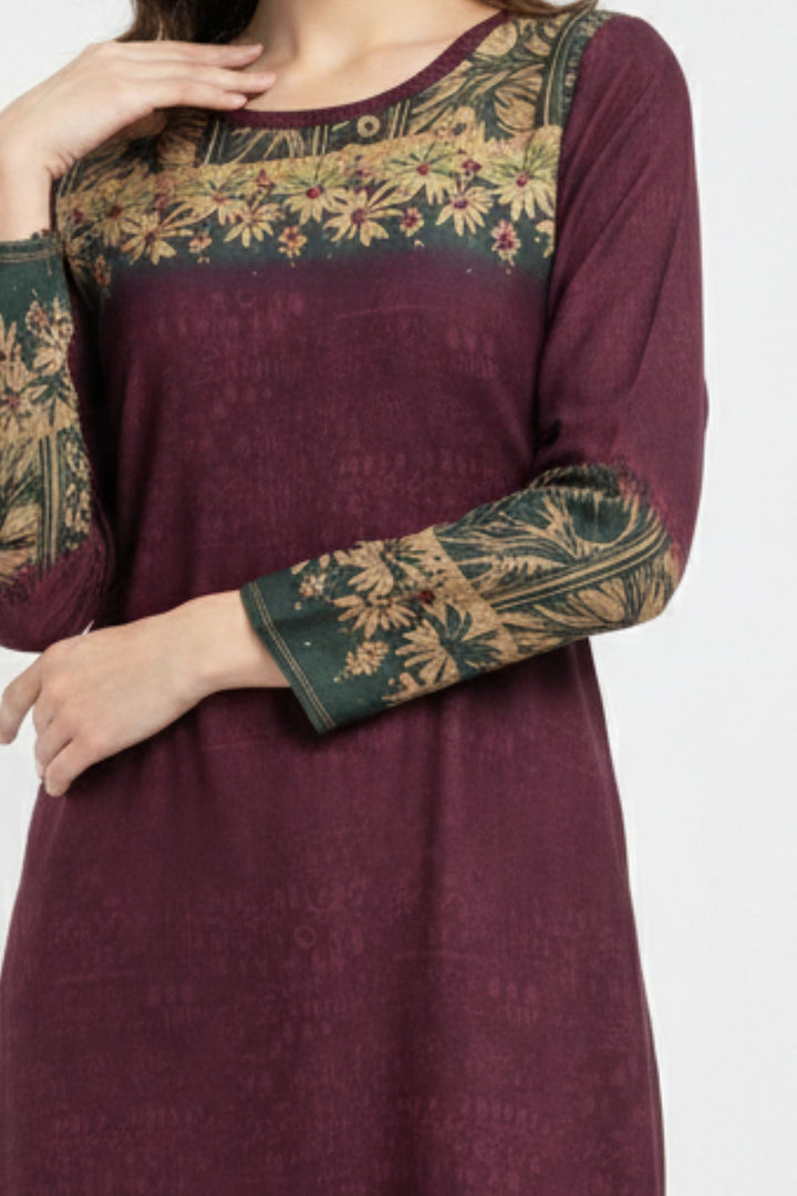 Wine Mirror and Zari work with Digital Print Calf Length Kurti