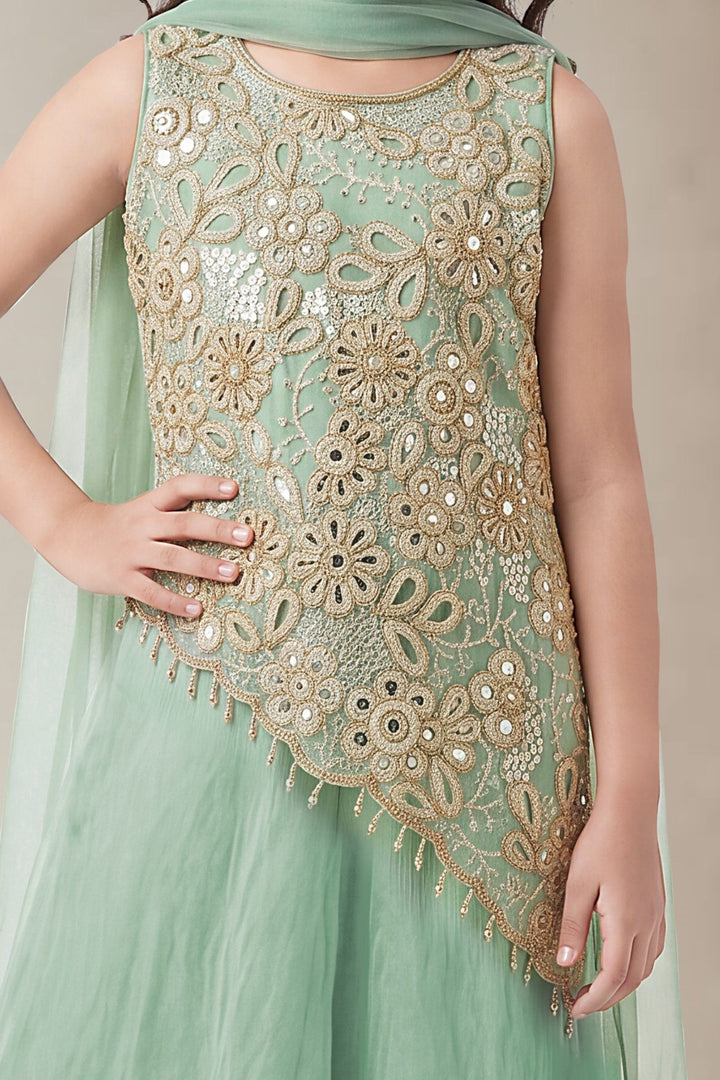 Sea Green Beads, Sequins and Thread work Palazzo Suit Set for Girls