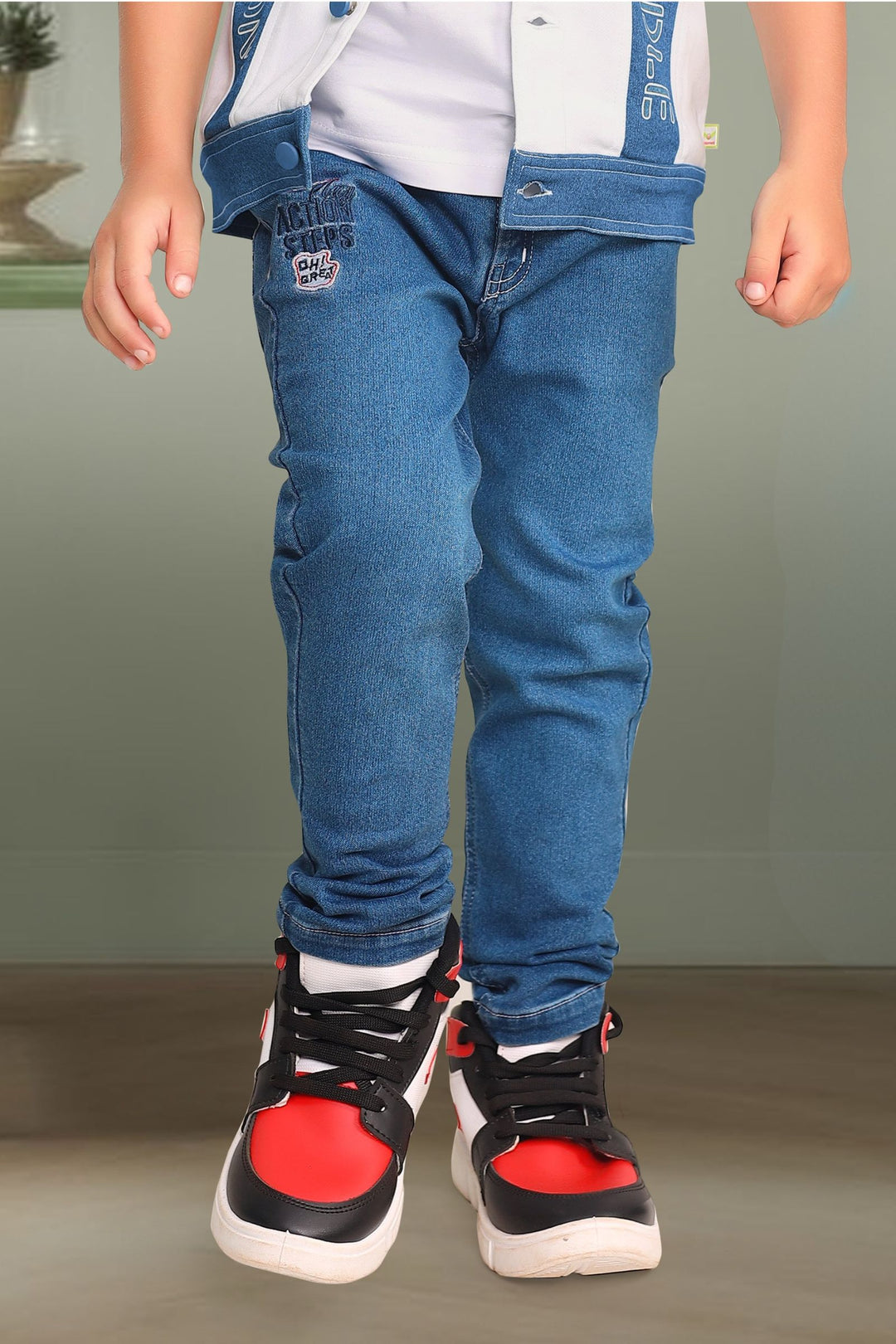 White with Blue Blazer, Printed T-Shirt and Pant Set for Boys