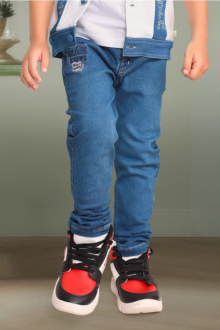 White with Blue Blazer, Printed T-Shirt and Pant Set for Boys