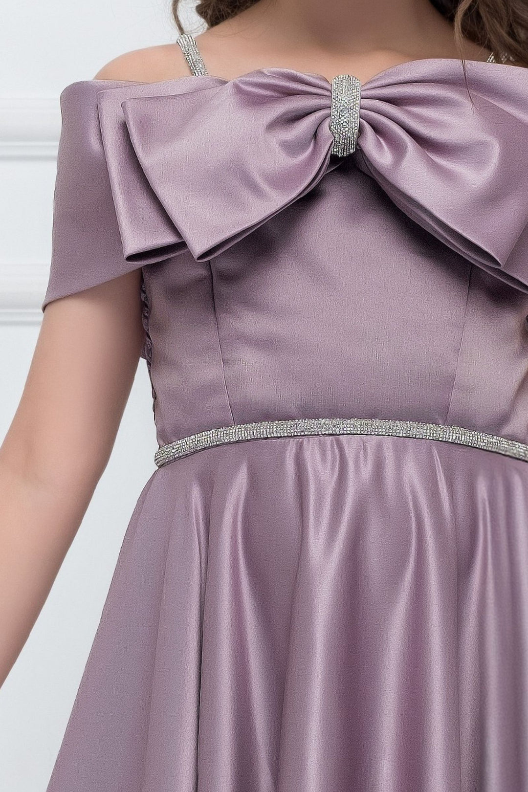 Girls Party Wear Off-Shoulder Gown with Attached Bow and Sparkle Waistband