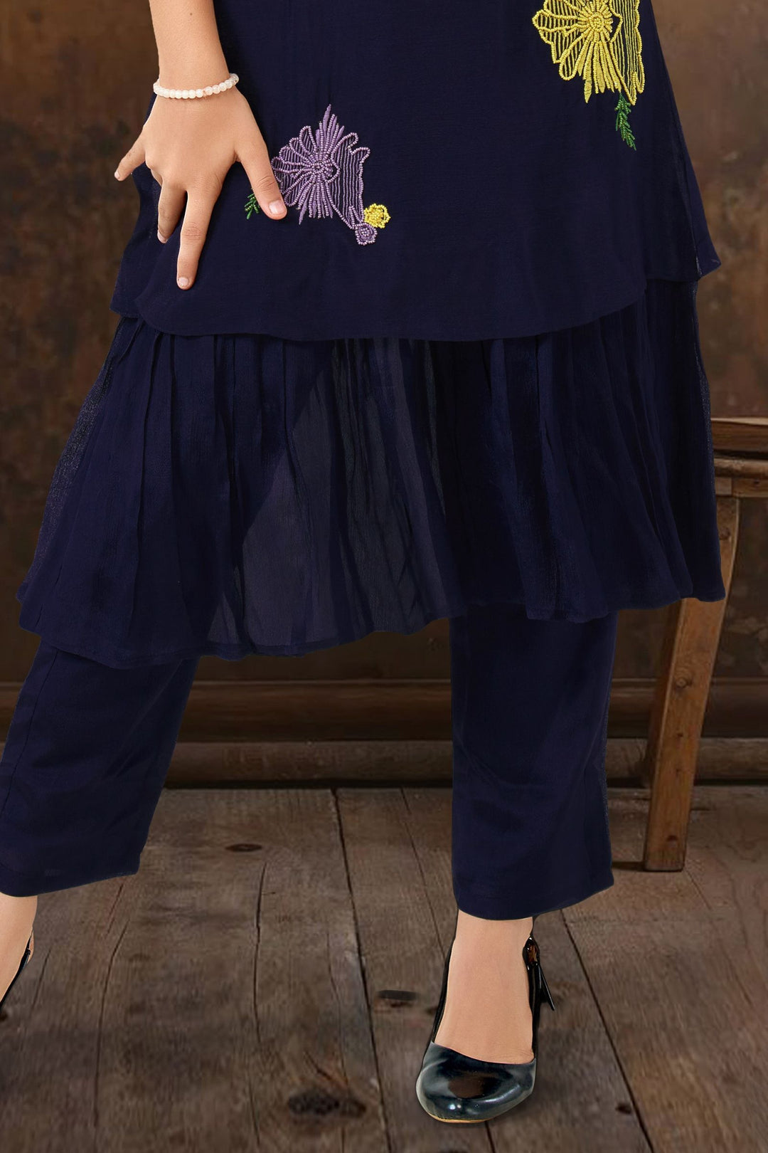 Navy Blue Multicolor Embroidery and Beads work Casual Kurti for Girls