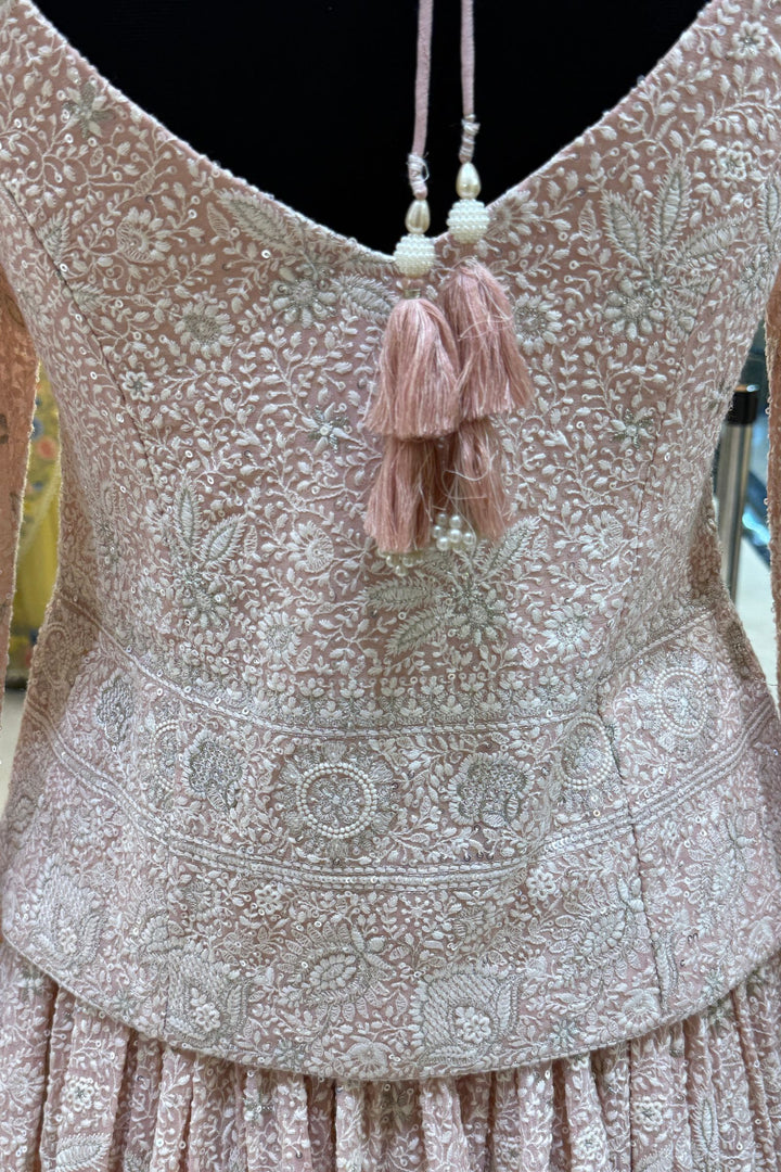 Peach Lucknowi, Sequins, Mirror, Beads and Zari work Crop Top Lehenga