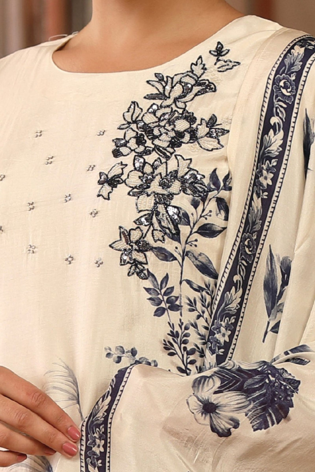 Cream Beads and Sequins work with Floral Print Straight Kurta Set