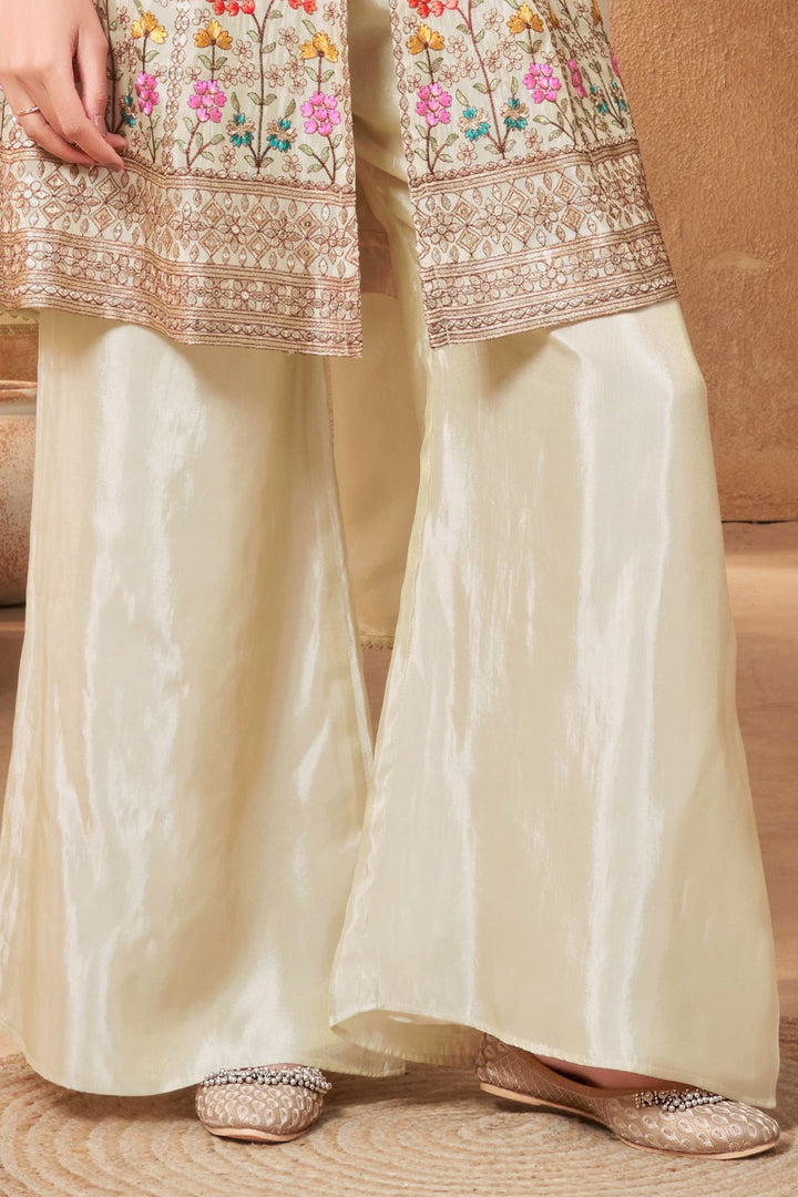 Cream Sequins and Multicolor Embroidery work Palazzo Salwar Suit
