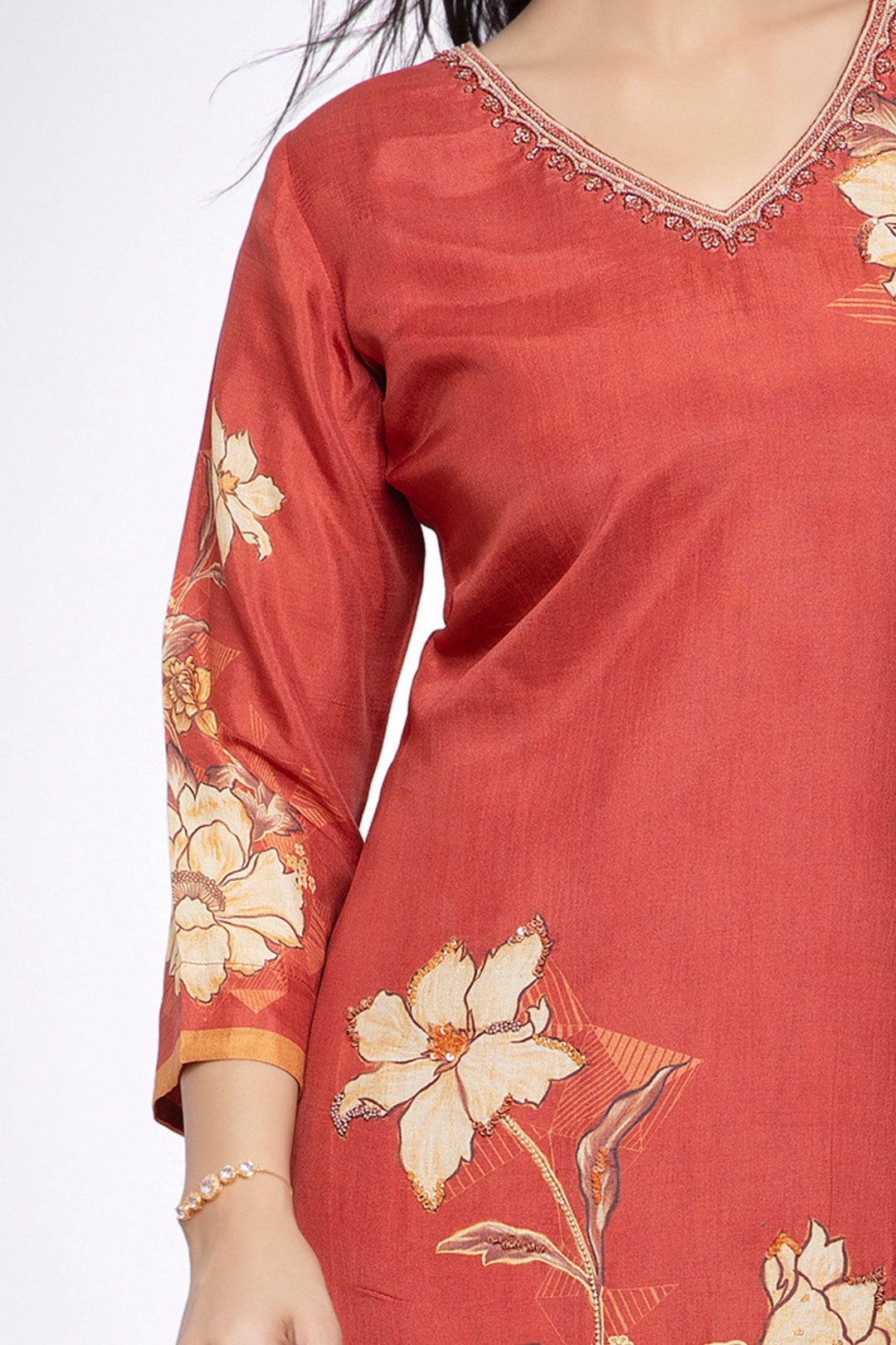 Brick Red Beads and Sequins work with Floral Print Calf Length Kurti