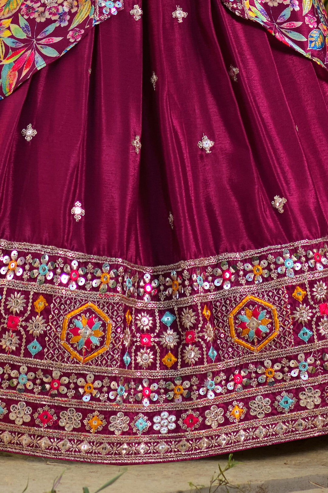 Wine Sequins and Zari work with Floral Print Overcoat Styled Lehenga Choli for Girls