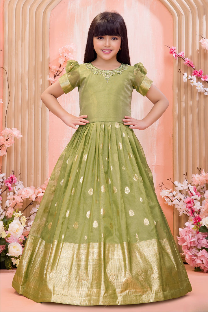 Green Zari, Zardozi, Sequins, Stone and Thread work Long Party Gown for Girls