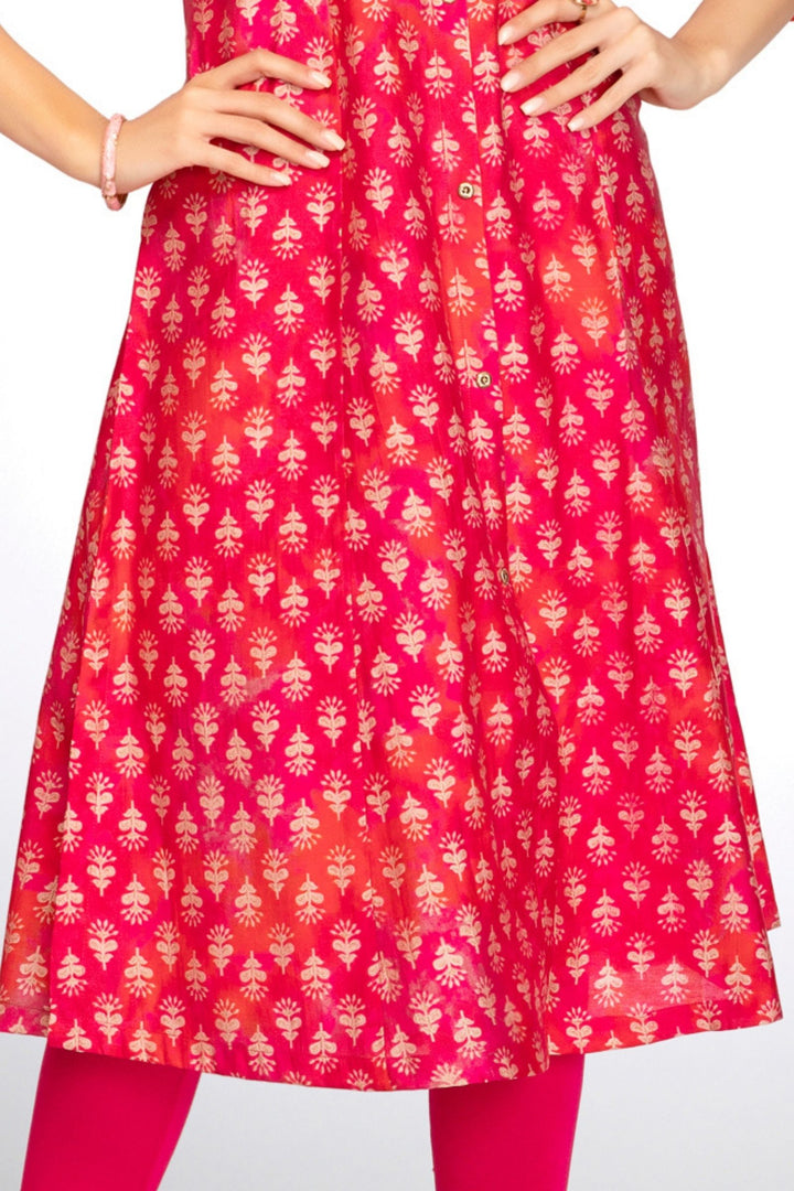 Pink with Orange Mirror and Thread work with Digital Print A-Line Cut Calf Length Kurti