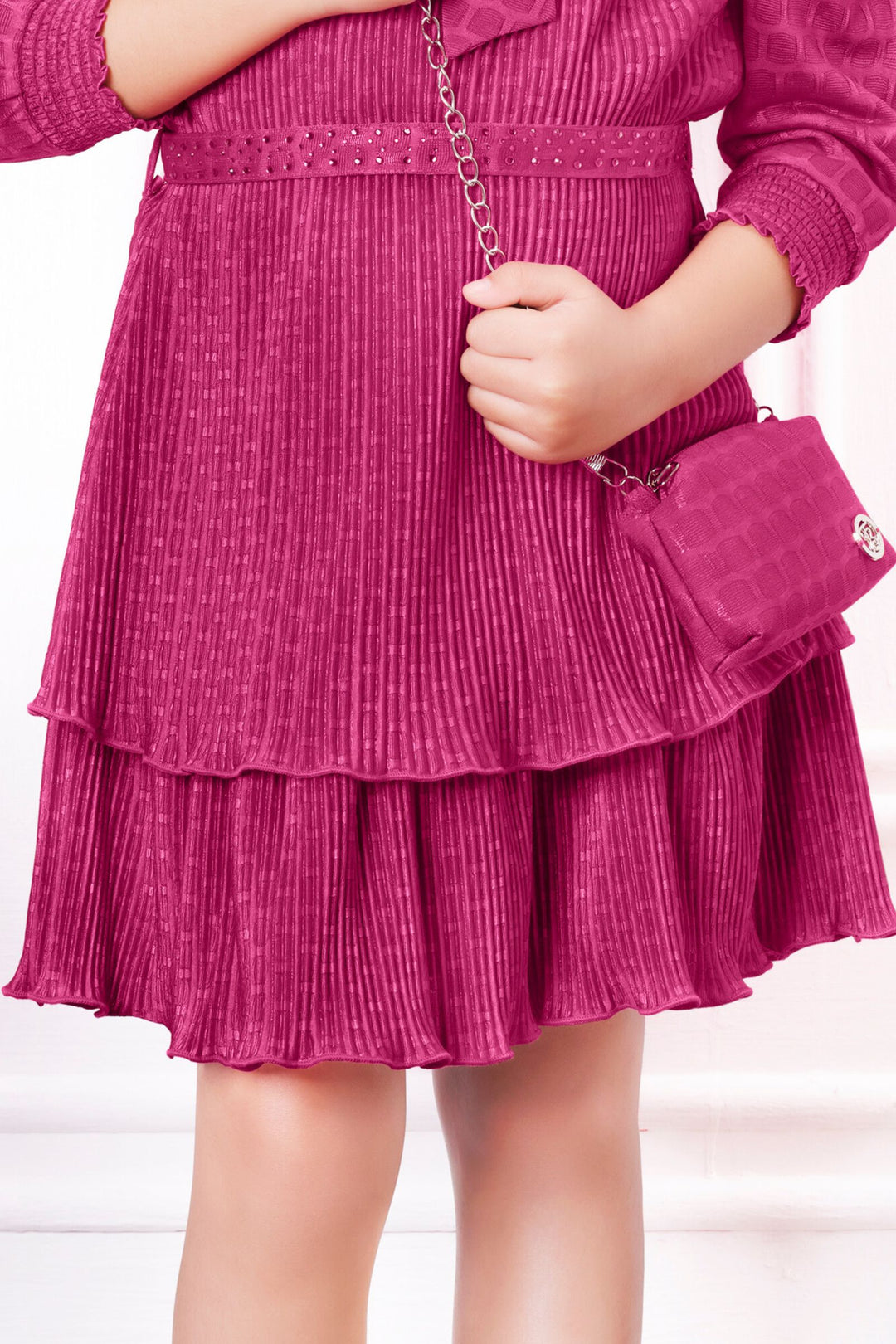 Fuchsia Pink Short Frock For Girls with Belt and Bag