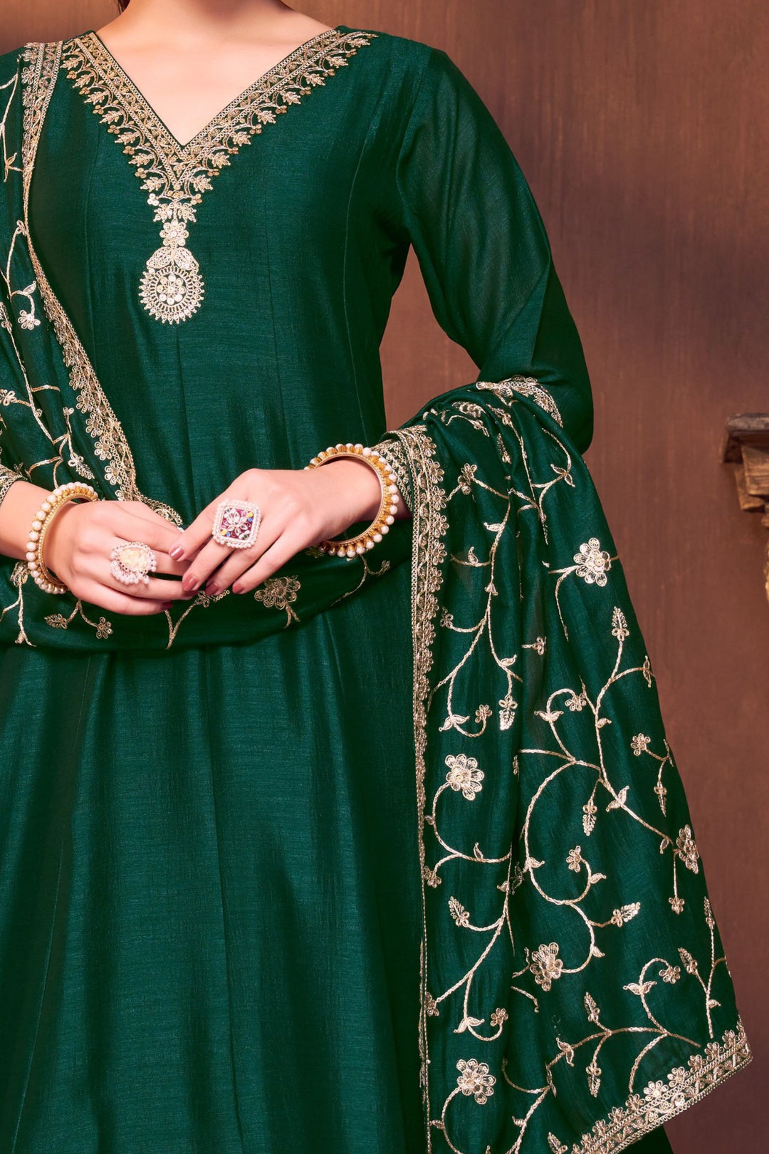 Bottle Green Sequins and Zari work Anarkali Style Salwar