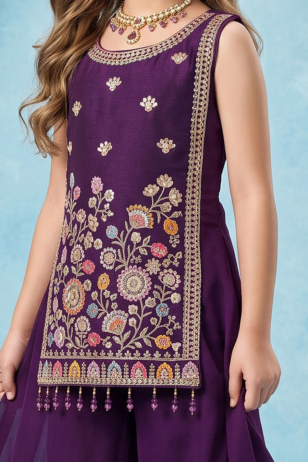 Wine Sequins, Embroidery and Beads work Palazzo Suit Set for Girls