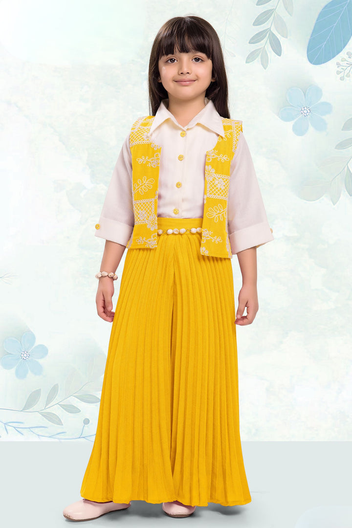 Cream with Yellow Thread work Jacket Styled Palazzo Set for Girls