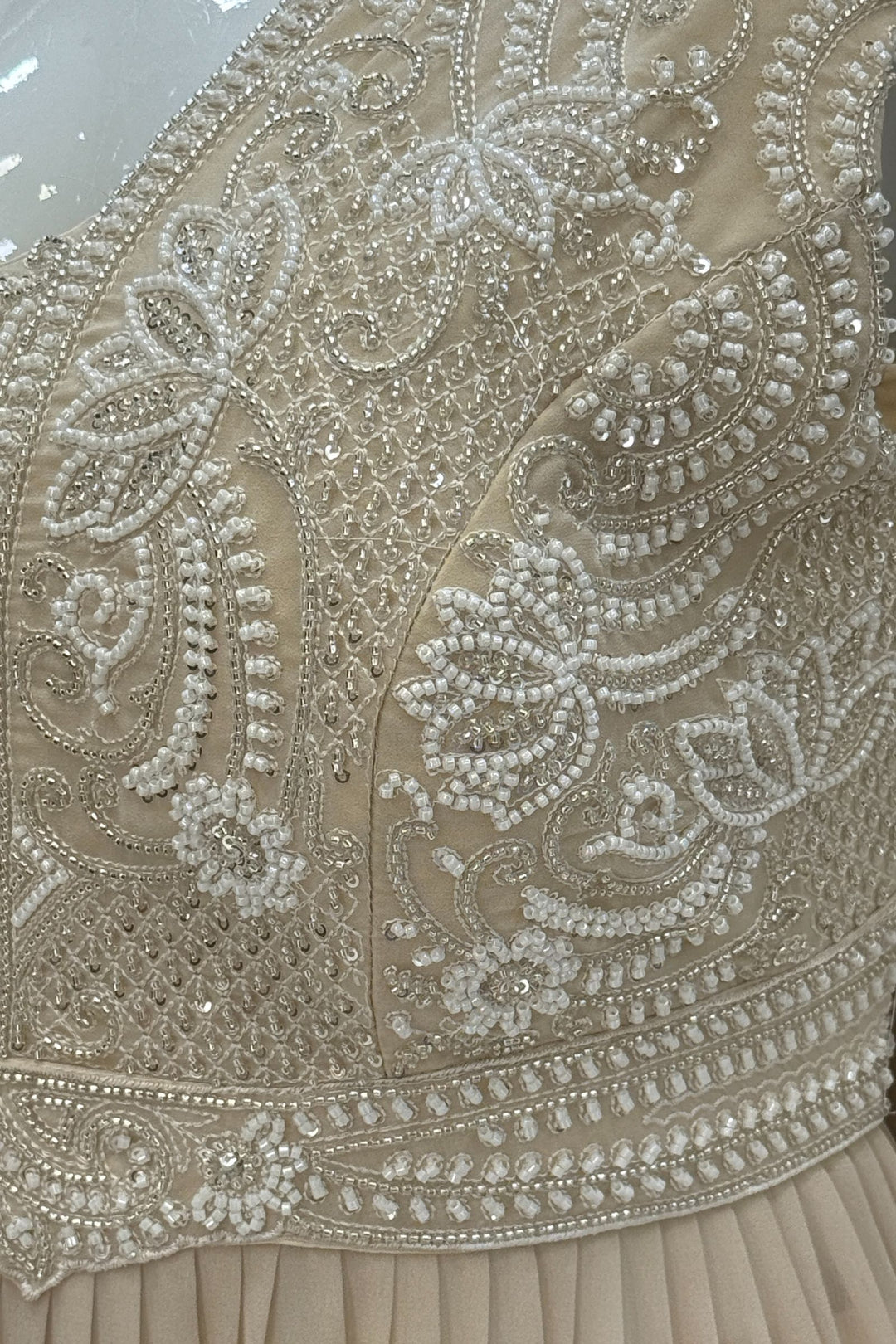 Beige Beads, Sequins and Thread work Peplum Top with Sharara Suit Set