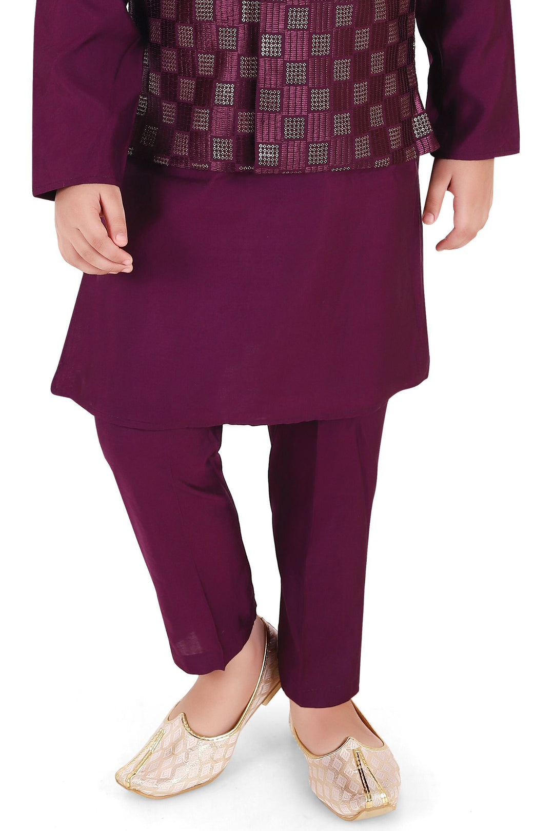 Wine Thread and Sequins work Waist Coat Kurta Set for Boys