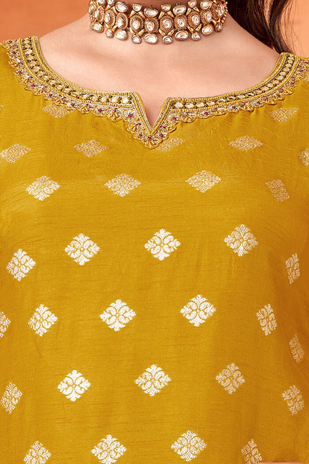 Yellow Banaras, Mirror, Zardozi, Sequins, Zari and Thread work Palazzo Salwar Suit