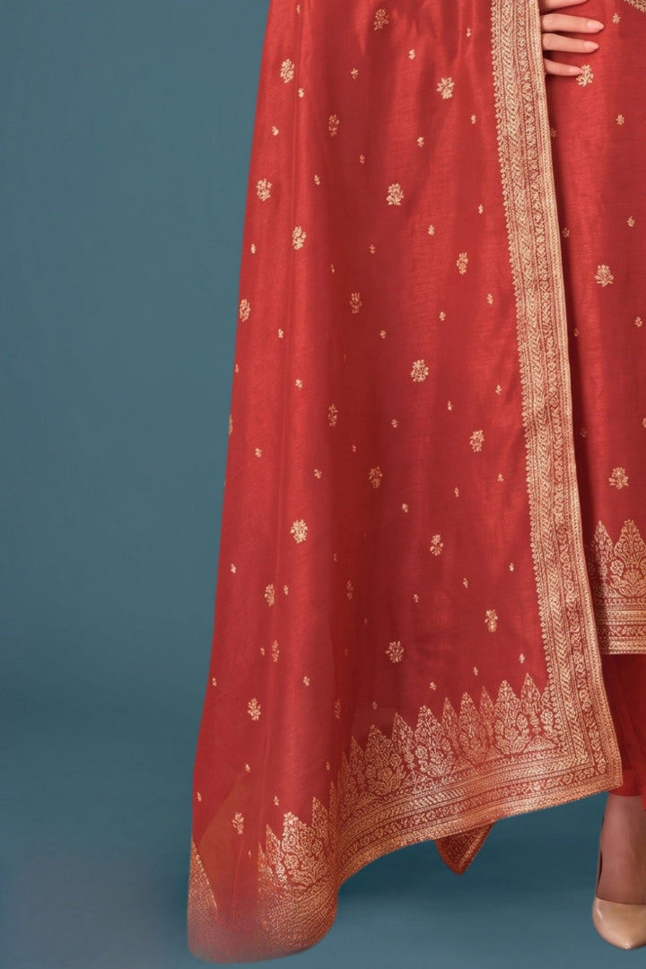 Rust Orange Banaras, Beads, Mirror, Stone and Sequins work Straight Cut Salwar Suit