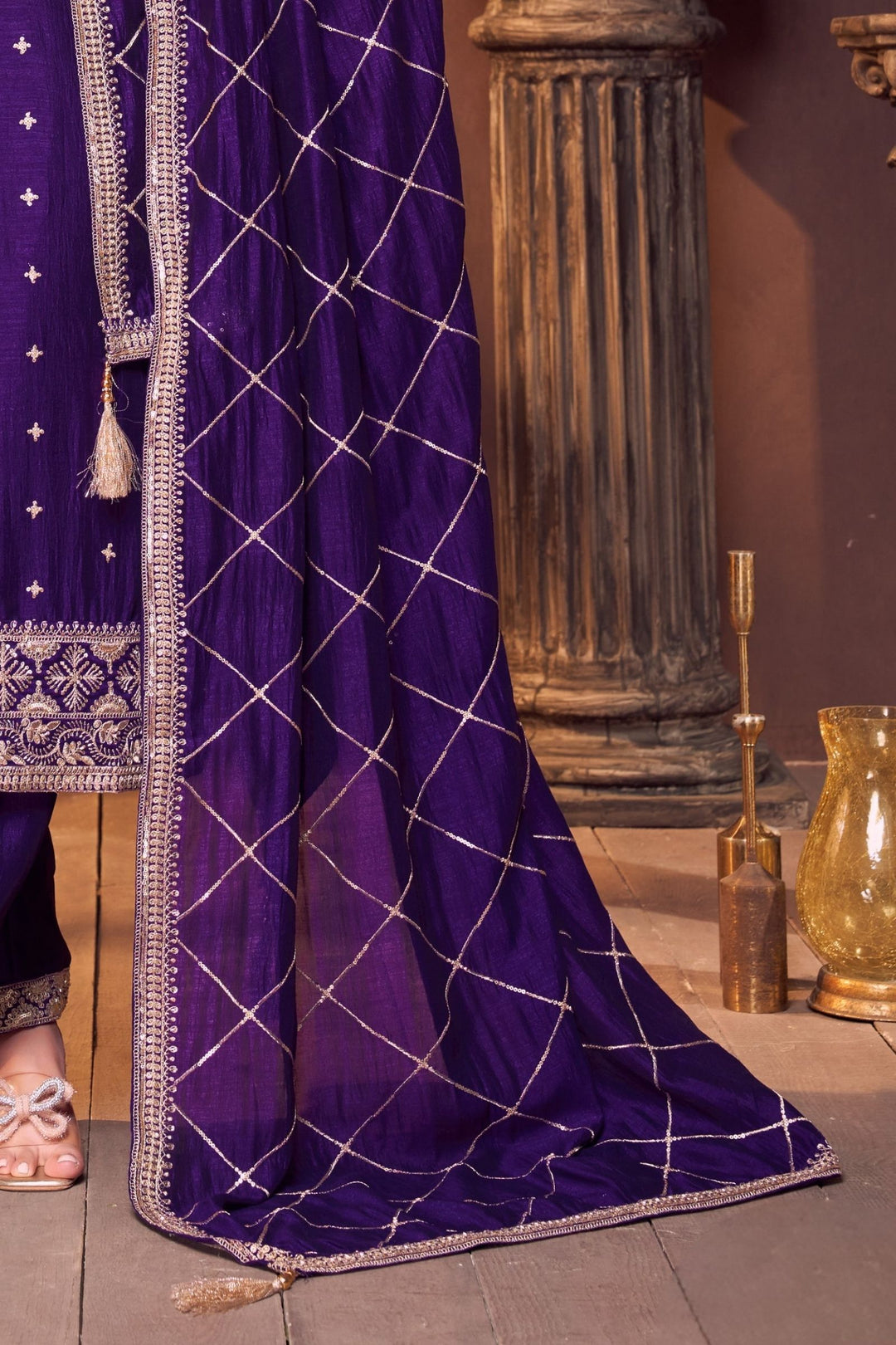 Purple Sequins, Zari and Beads work Straight Cut Salwar Suit