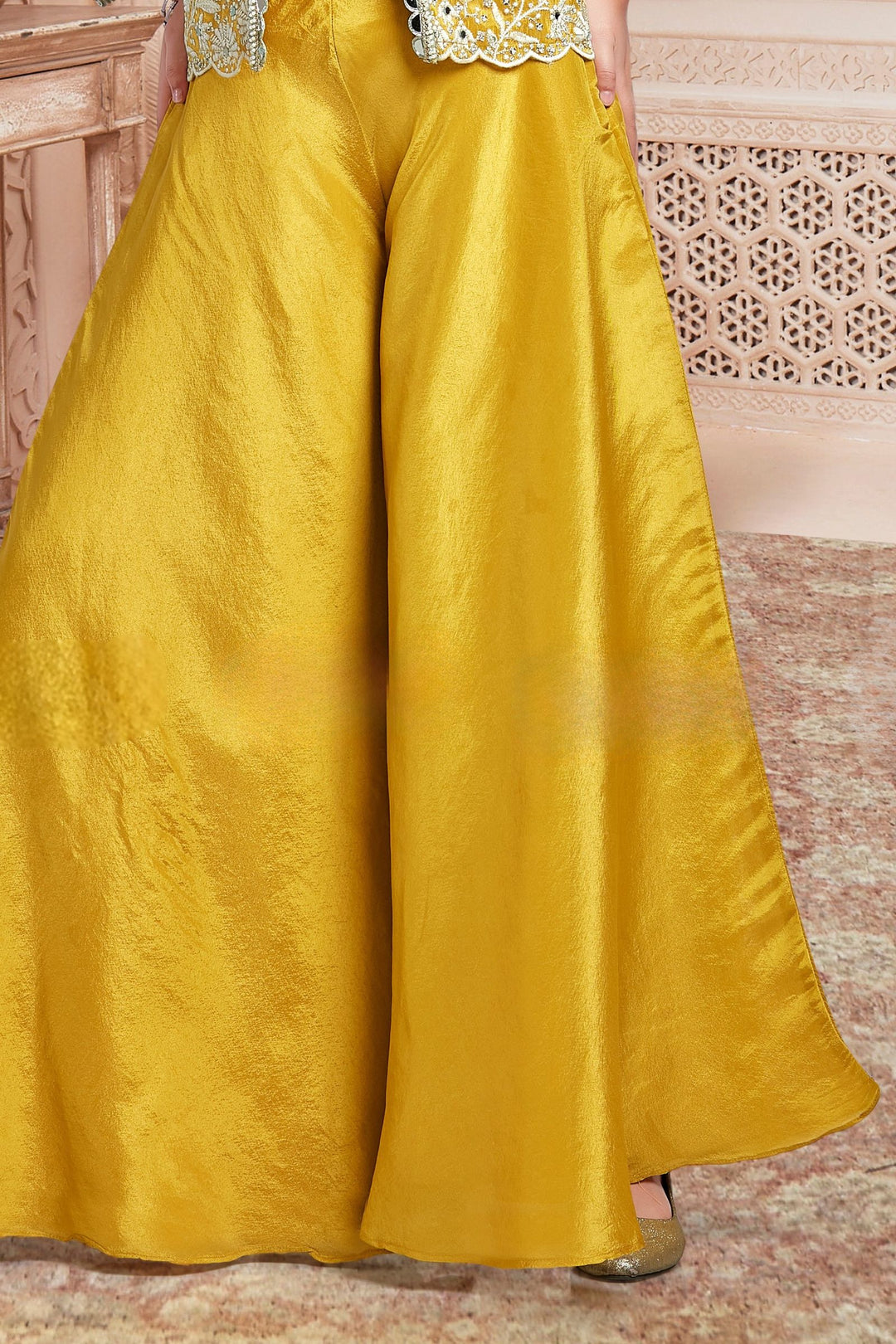 Yellow Embroidery, Sequins, Zari and Mirror work Jacket Styled Palazzo Set for Girls