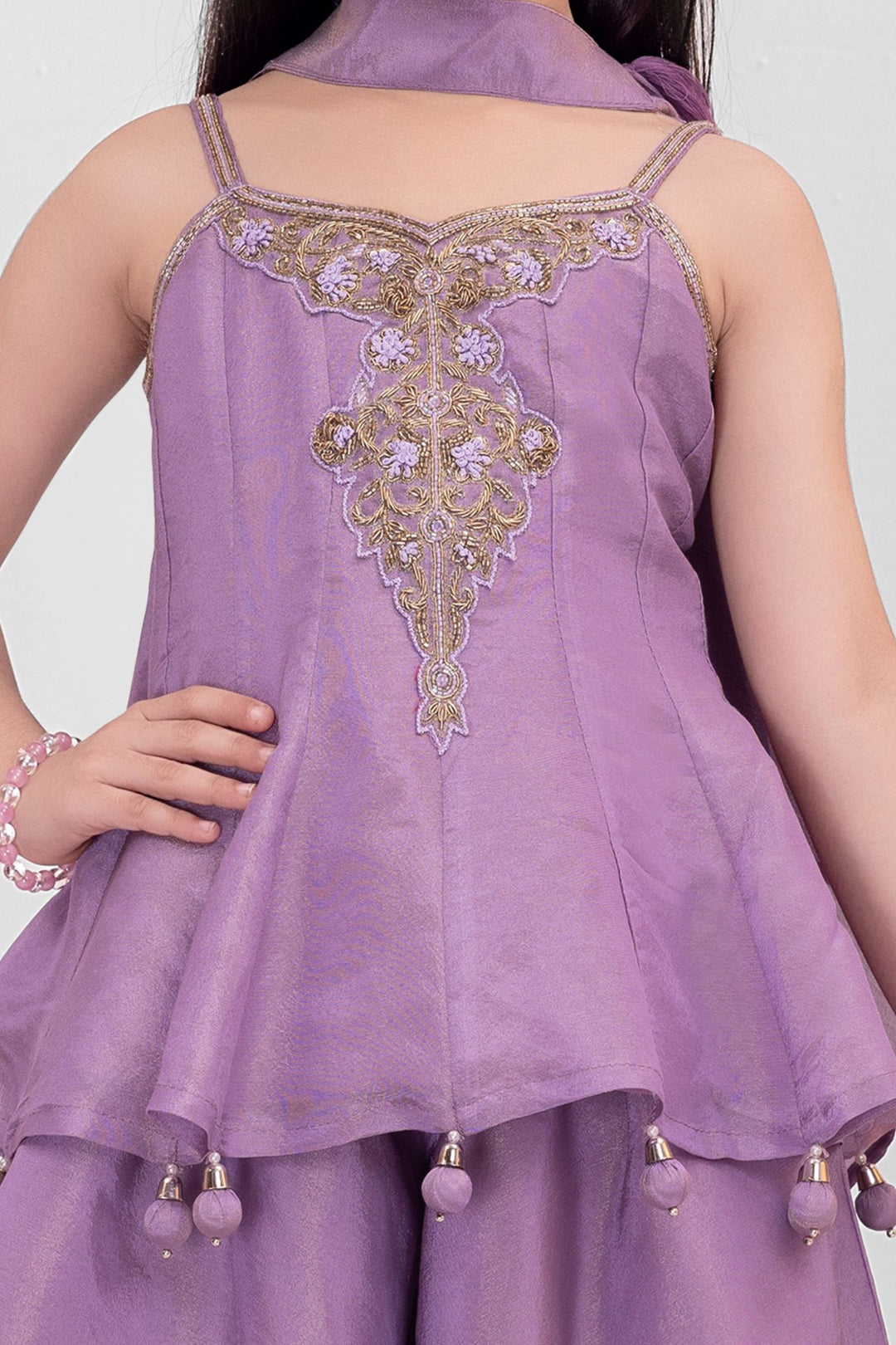 Girls Lavender Zardozi, Beads and Zari work Peplum Palazzo Set