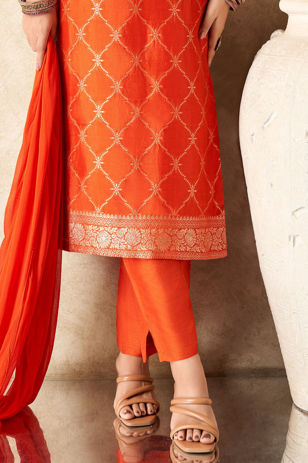 Orange Mirror, Zari, Zardozi and Banaras work Straight Cut Salwar Suit