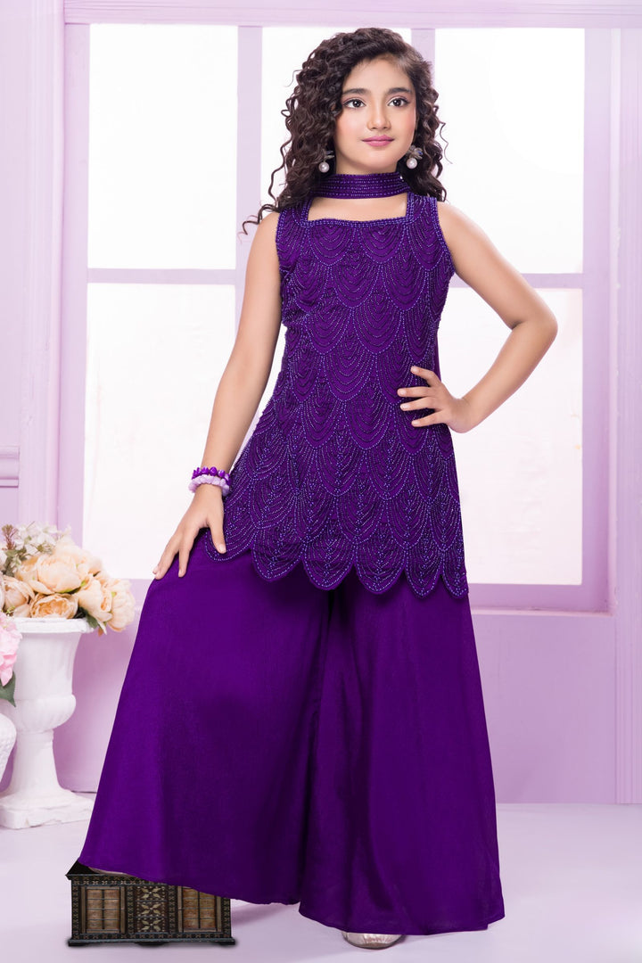 Purple Beads work Palazzo Suit Set for Girls