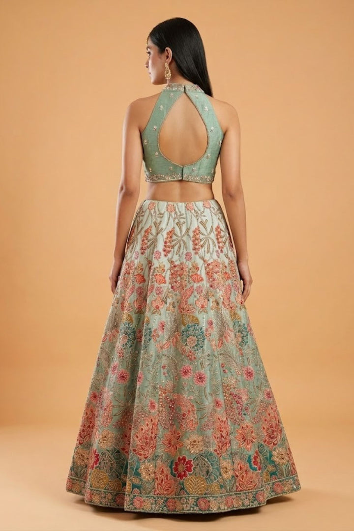 Sea Green Zardozi, Sequins, Beads, Thread and Zari work with Halter Neck Lehenga