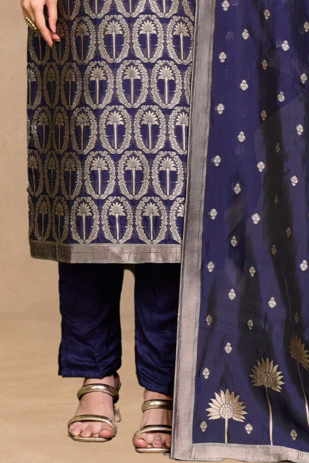 Navy Blue Mirror, Banaras, Stone and Zardozi work Straight Cut Salwar Suit