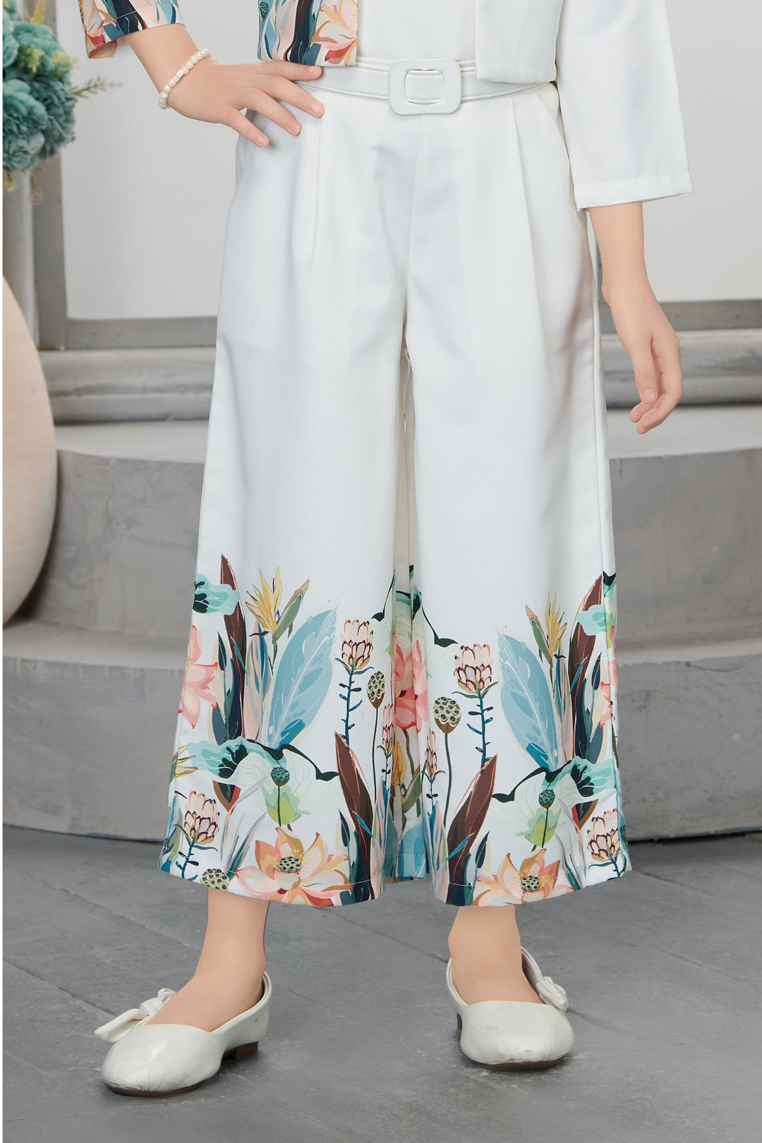 White with Multicolor Digital Print Jacket Styled Palazzo Set for Girls