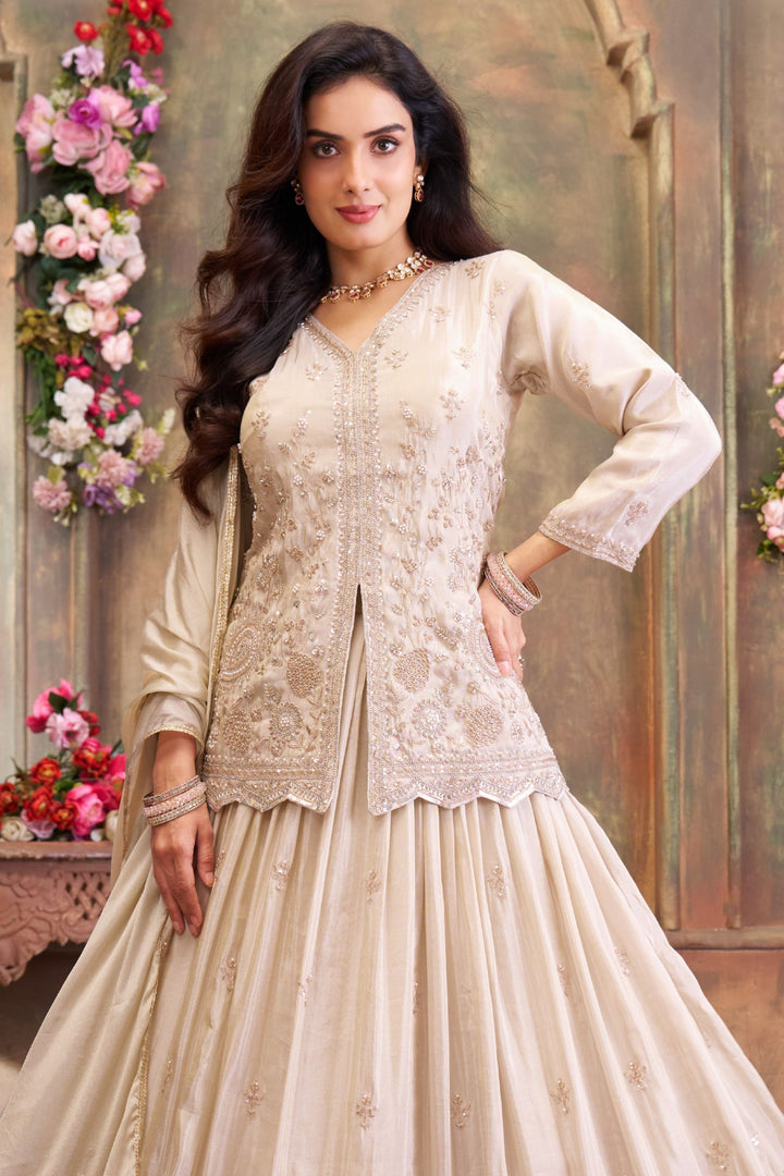 Cream Beads, Pearl and Sequins work Peplum Style Lehenga
