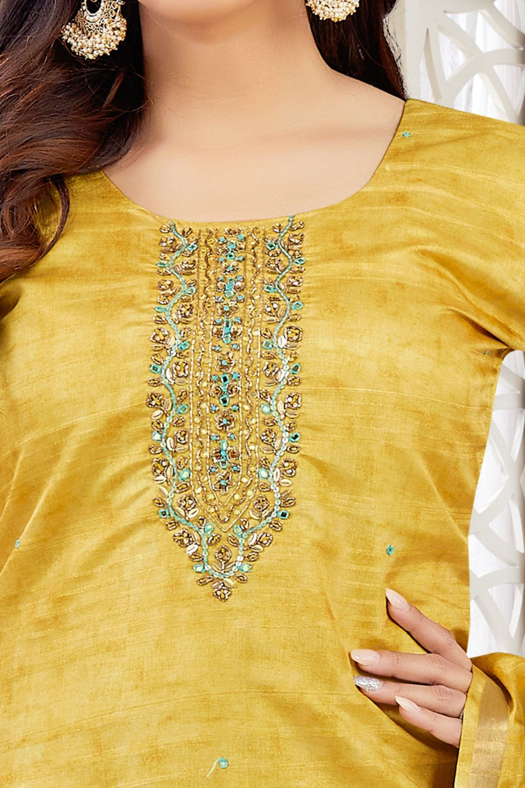 Yellow Zardozi, Sequins, Thread and Mirror work Straight Cut Salwar Suit