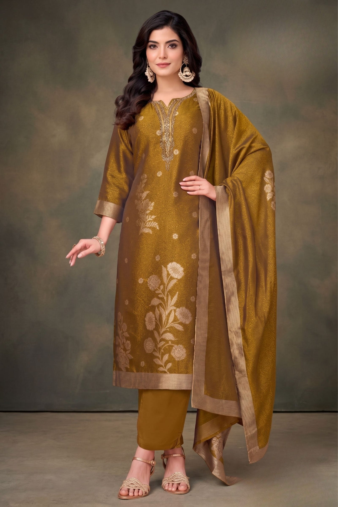 Mustard Brocade, Mirror, Beads and Sequins work Straight Cut Salwar Suit