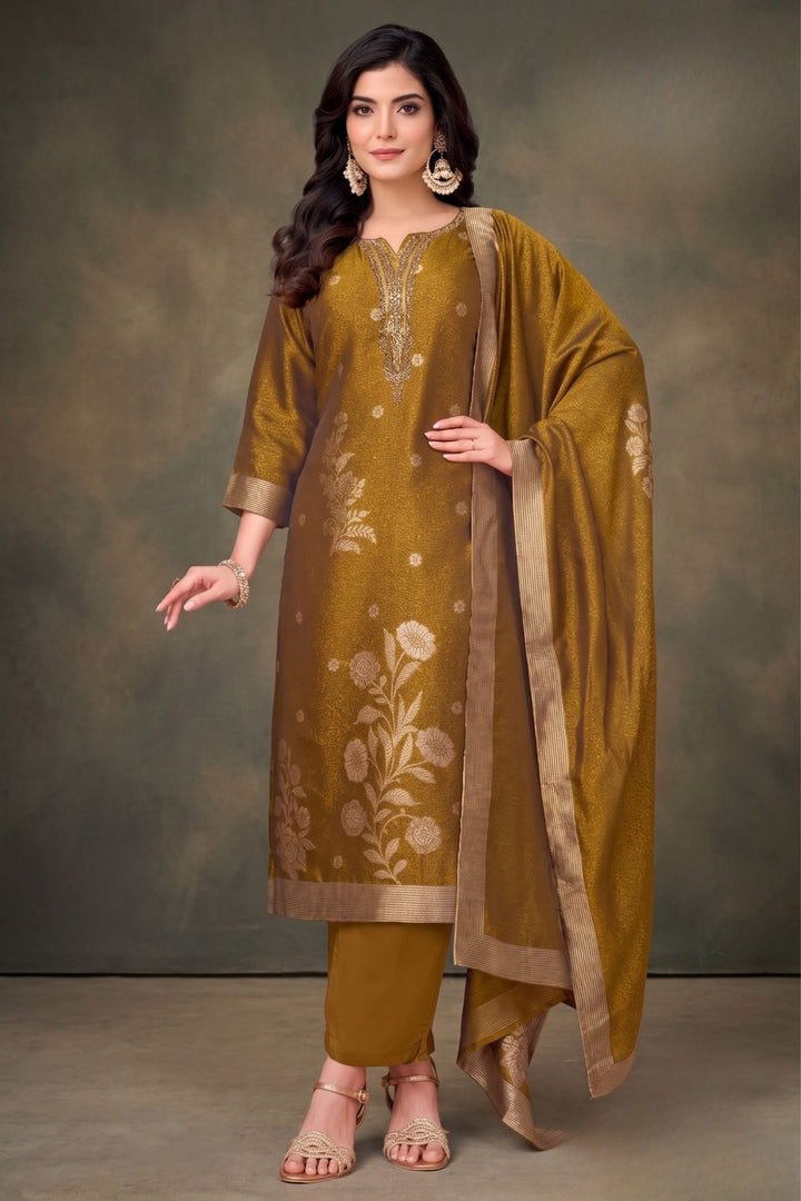 Mustard Brocade, Mirror, Beads and Sequins work Straight Cut Salwar Suit