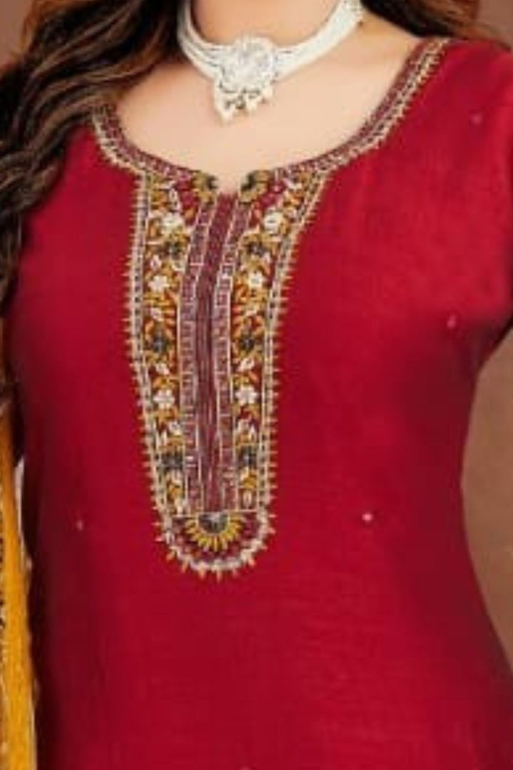 Maroon Mirror, Zari and Thread work Straight Cut Salwar Suit