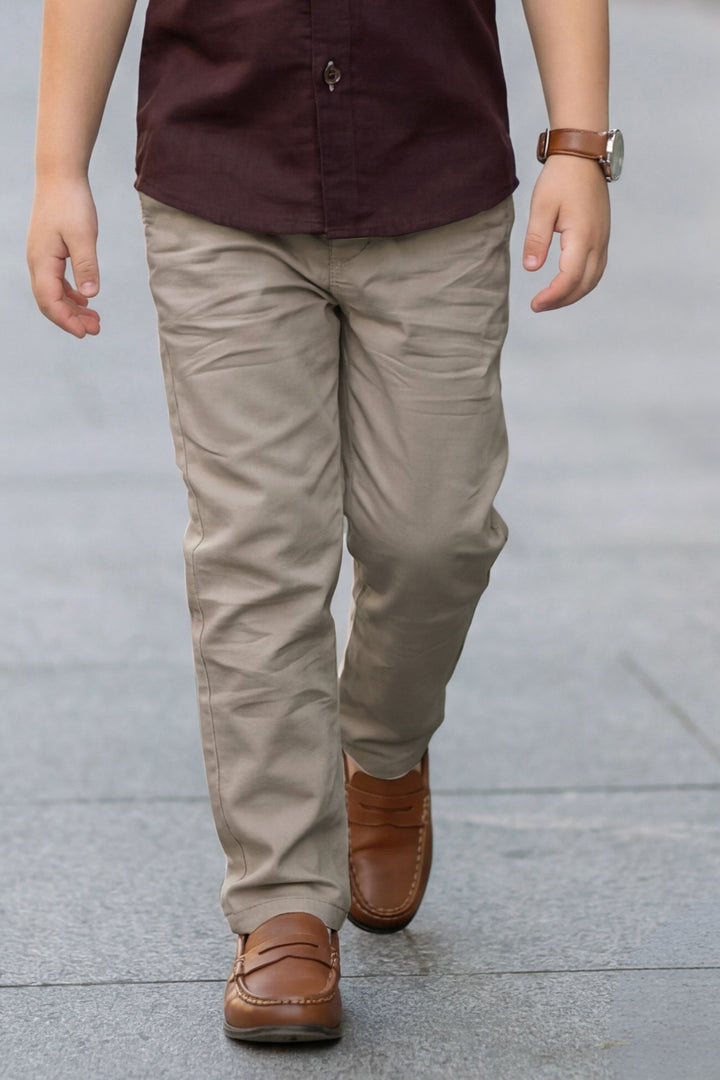 Wine Thread work Shirt and Grey Pant Set for Boys