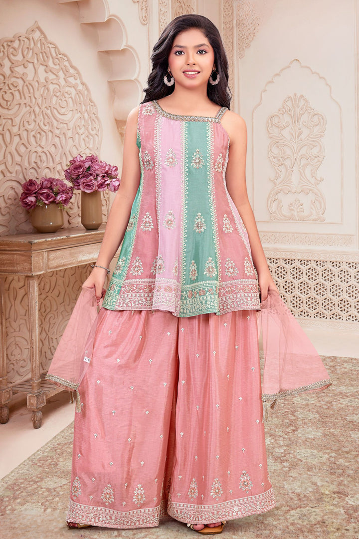Multicolor Mirror, Beads, Stone, Thread and Sequins work Palazzo Suit Set for Girls
