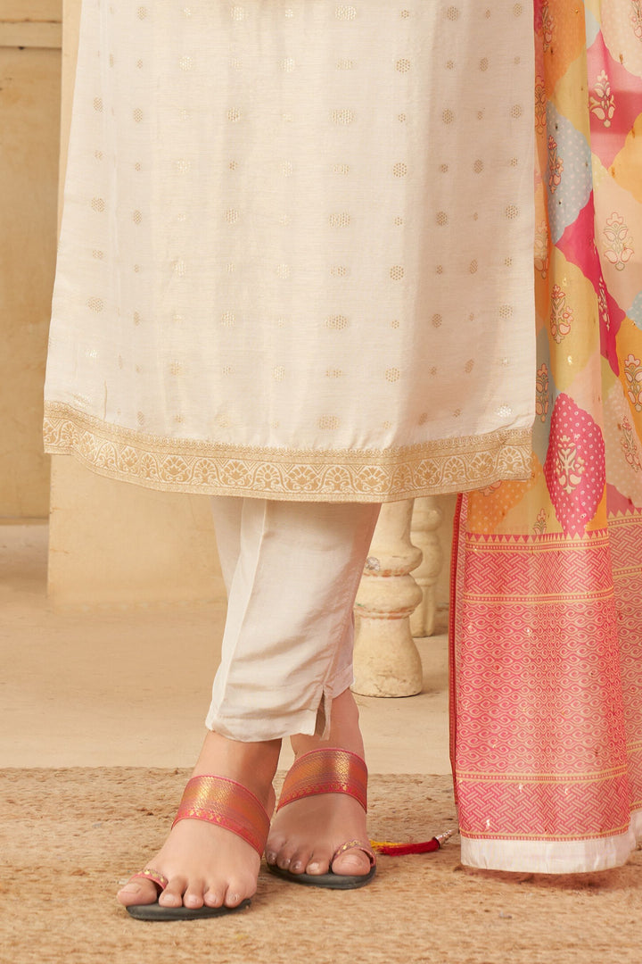 Cream Banaras, Mirror, Zardozi, Beads and Sequins work Straight Cut Salwar Suit