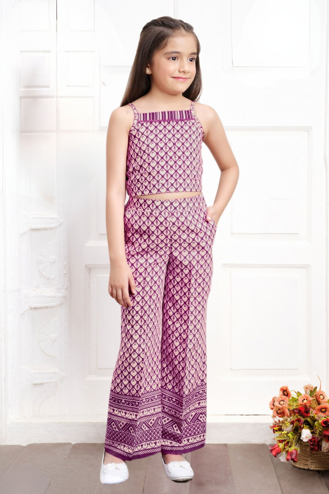 Wine Multicolor Digital Print Jacket Styled Co-ord Set for Girls