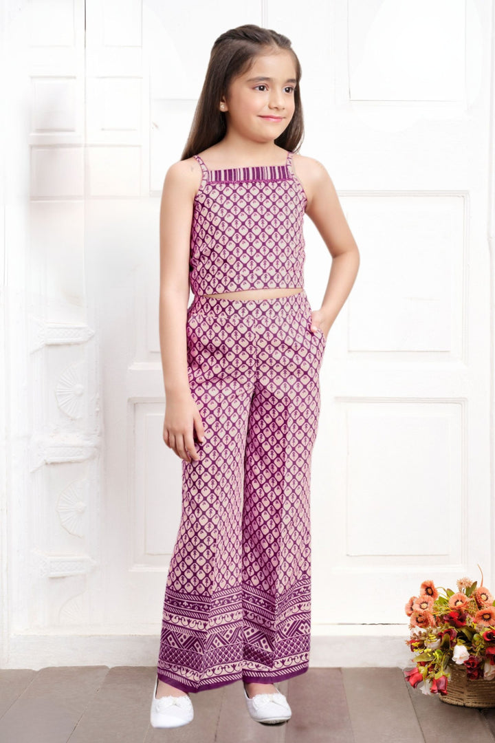 Wine Multicolor Digital Print Jacket Styled Co-ord Set for Girls