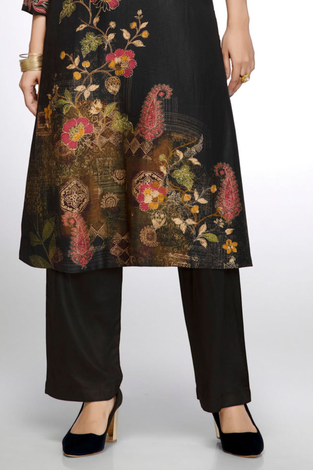 Black Thread and Mirror work with Floral Print Calf Length Kurti