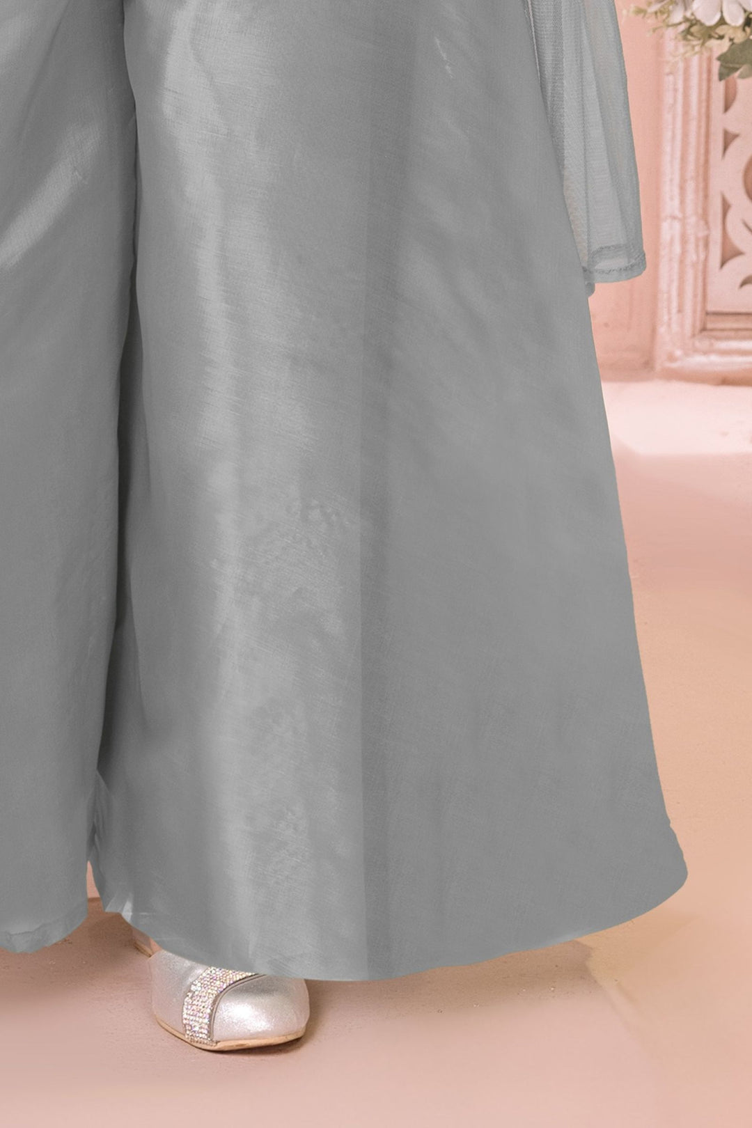 Light Grey Sequins, Beads and Multicolor Embroidery work Palazzo Suit Set for Girls