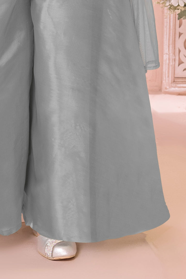 Light Grey Sequins, Beads and Multicolor Embroidery work Palazzo Suit Set for Girls