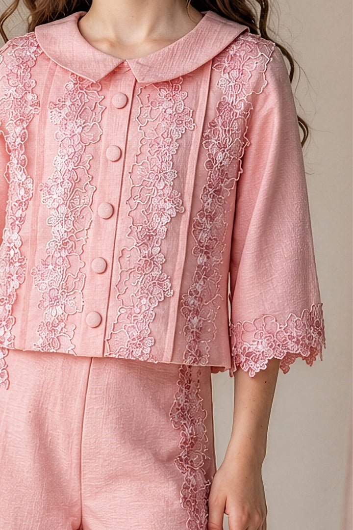 Peach Lace Embroidery work Top and Palazzo Set for Girls