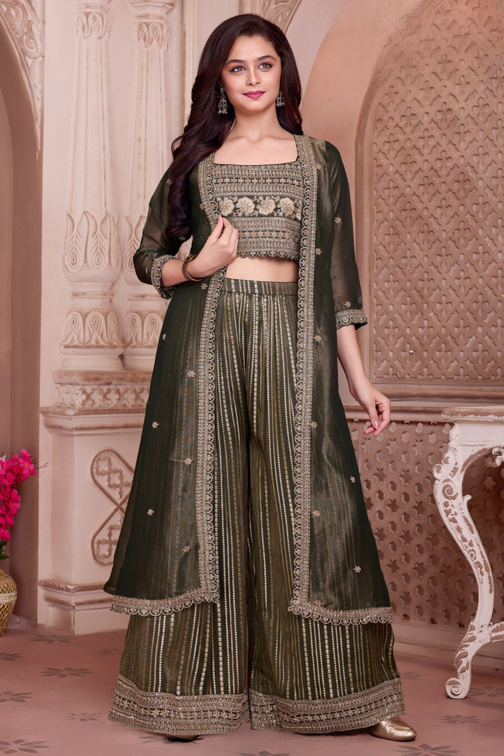 Green Embroidery, Beads and Zari work Overcoat Styled Palazzo Set For Girls