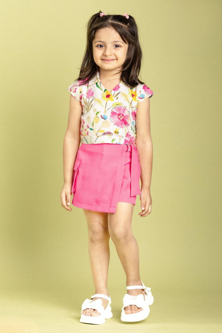 Cream with Pink Floral Print Top and Divider Skirt for Girls