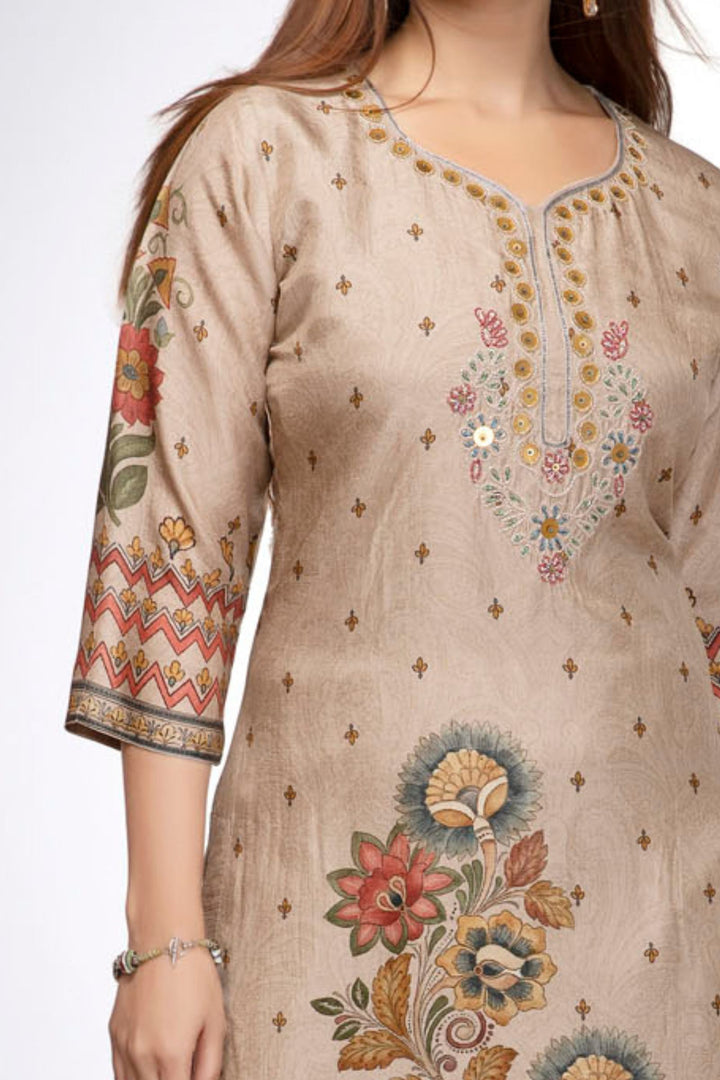 Beige Printed Floral Kurta with Embroidered Neckline