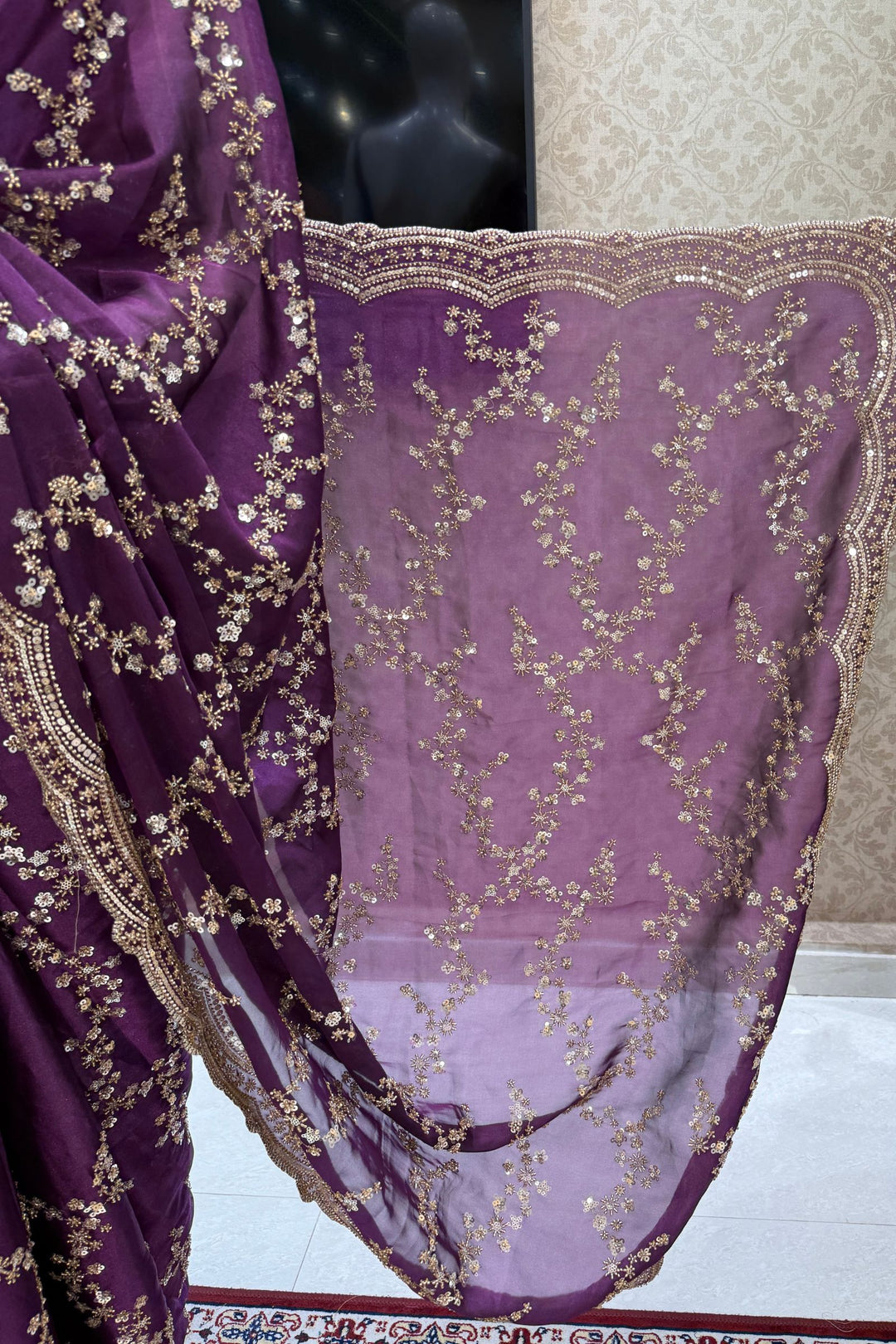 Violet Beads, Zari and Sequins work Saree
