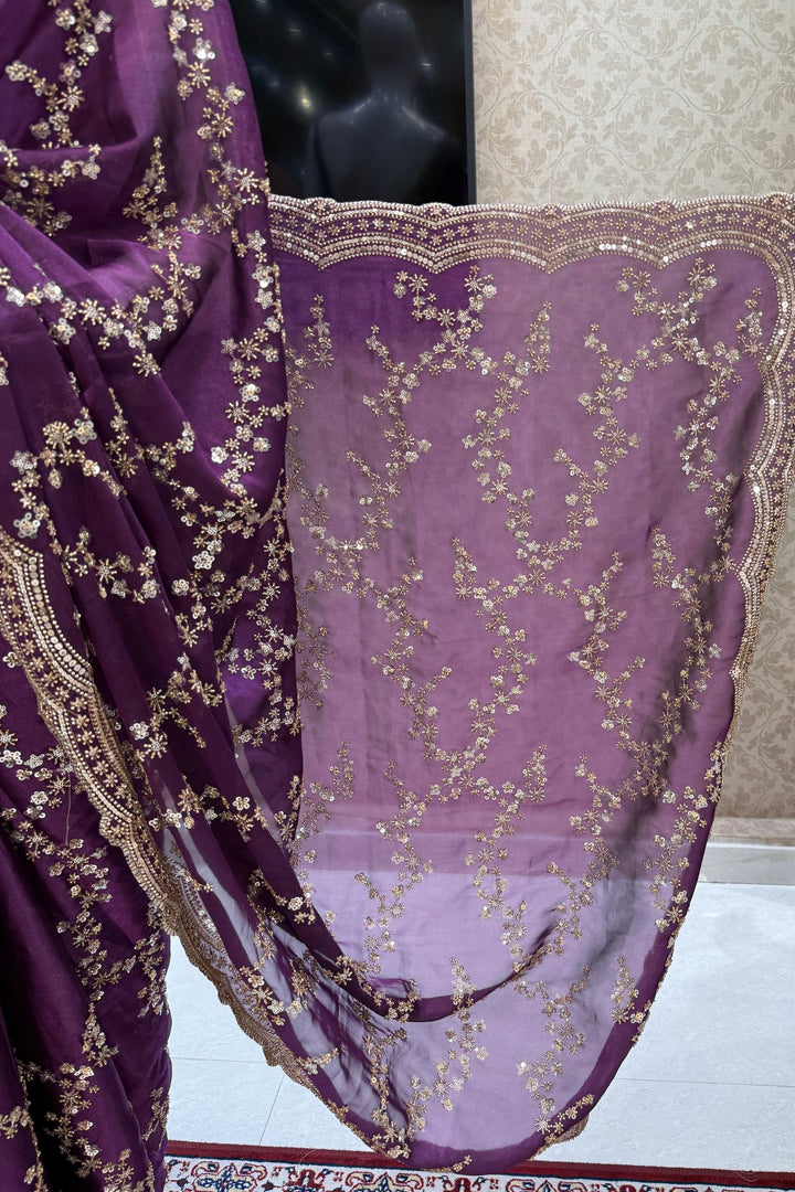Violet Beads, Zari and Sequins work Saree